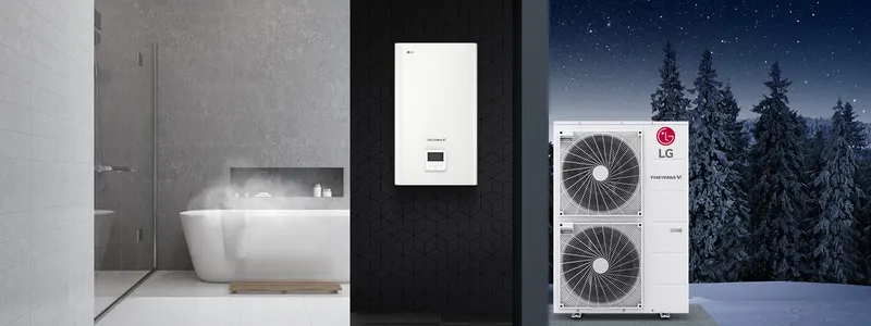 Гідроспліт LG THERMA V: гідромодуль на стіні в будинку і зовнішній блок надворі взимку